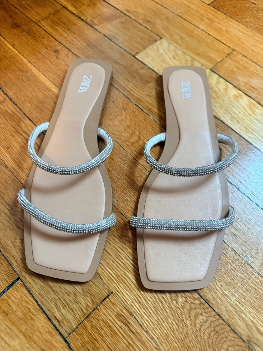 ZARA Nude Slide Sandals with Crystal-Embellished Double Straps